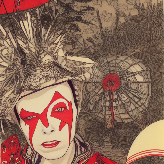 175987945_camera_at_90_degrees_center_frame_portrait_Sigma_85_mm_f_8_4_star_david_bowie_in_anstronaut_helmet_and_a_carnival_mask__in_shinto_garden_with_pond___artwork_by_Takato_Yamamoto